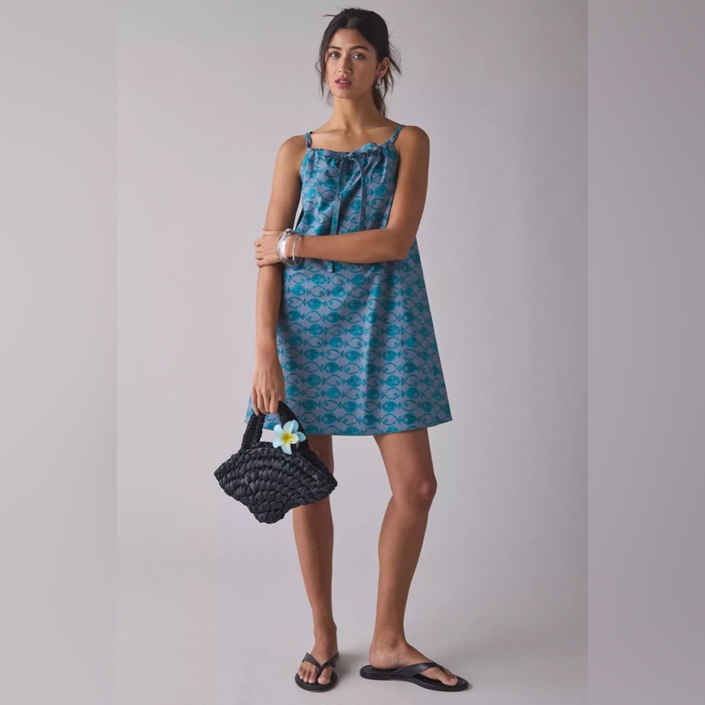 Urban Outfitters BDG Eva Tie-Front Ruched Strap Trapeze Mini Dress Blue Fish NWT